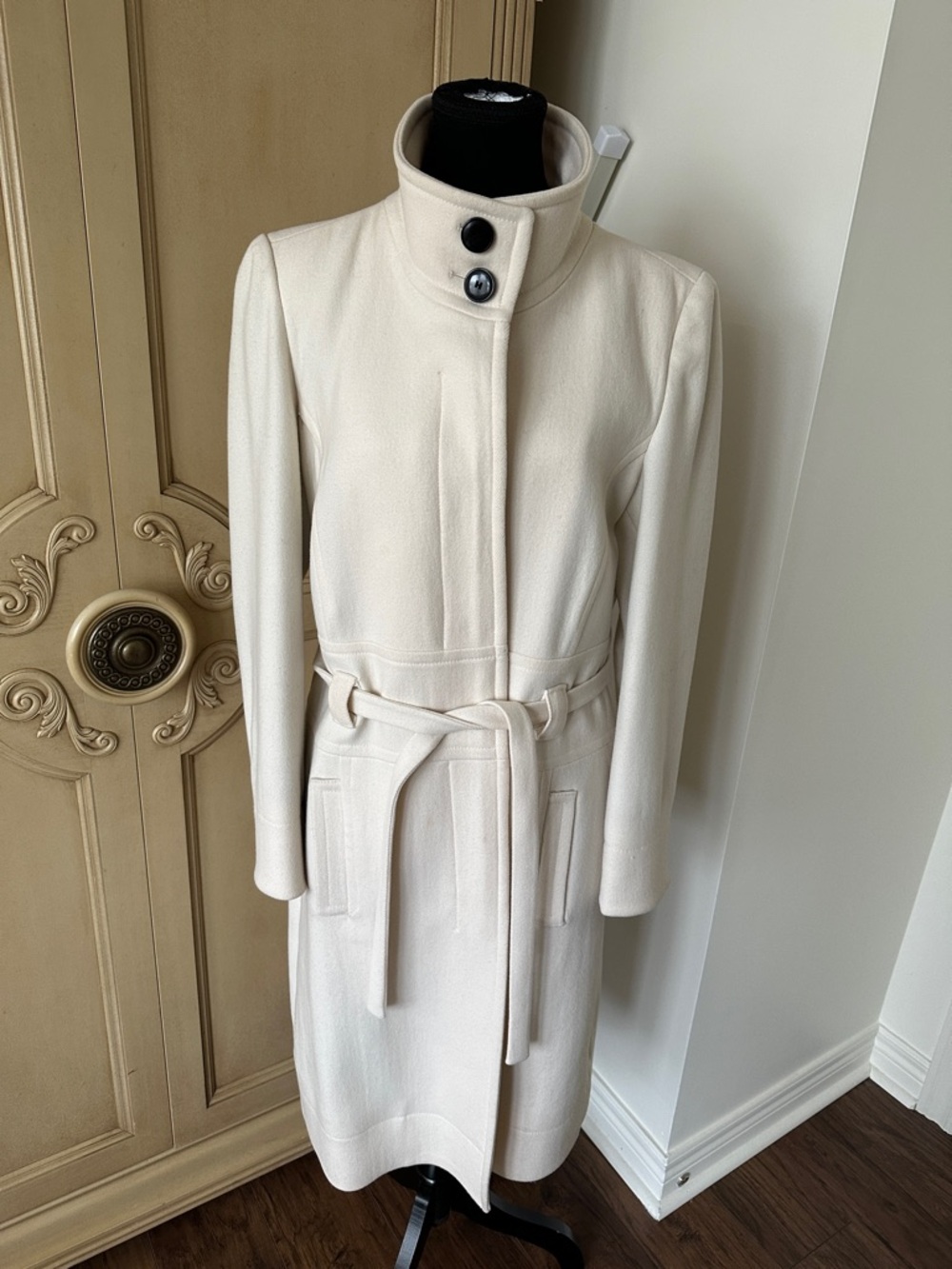 Boss Cream Wool Belted Long Coat with High Collar